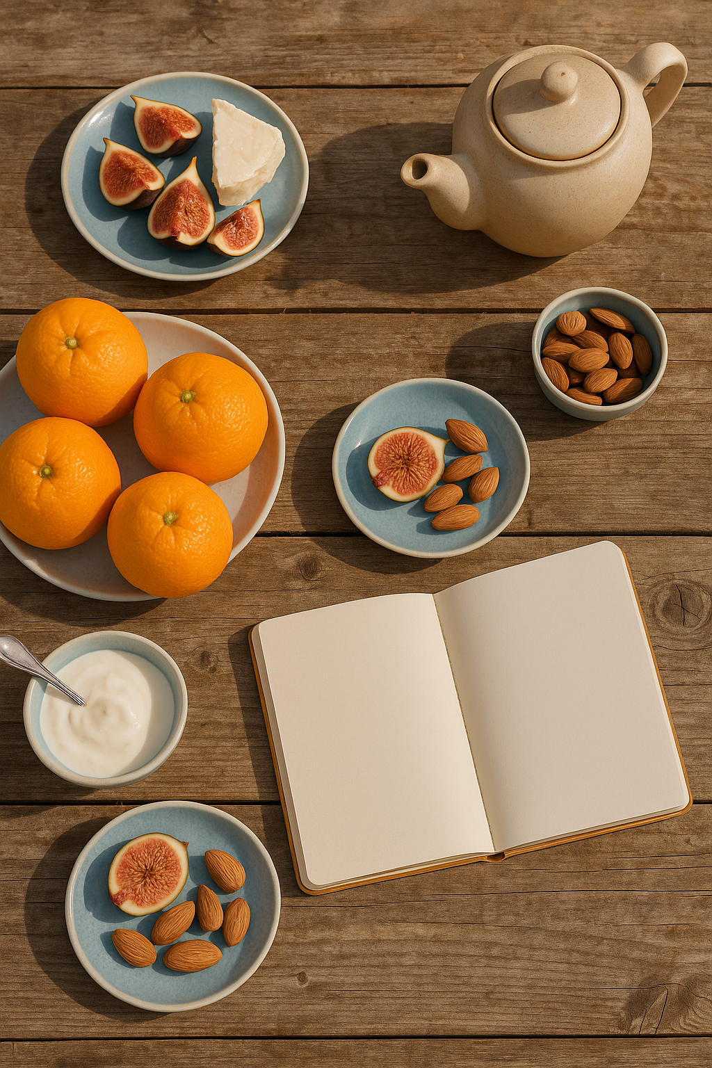 Desayuno mediterráneo con naranjas, higos, almendras y té